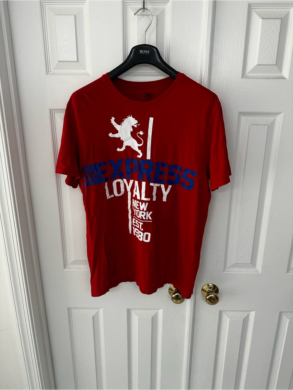 Express Red Short Sleeve Graphic Tee with White & Blue Print